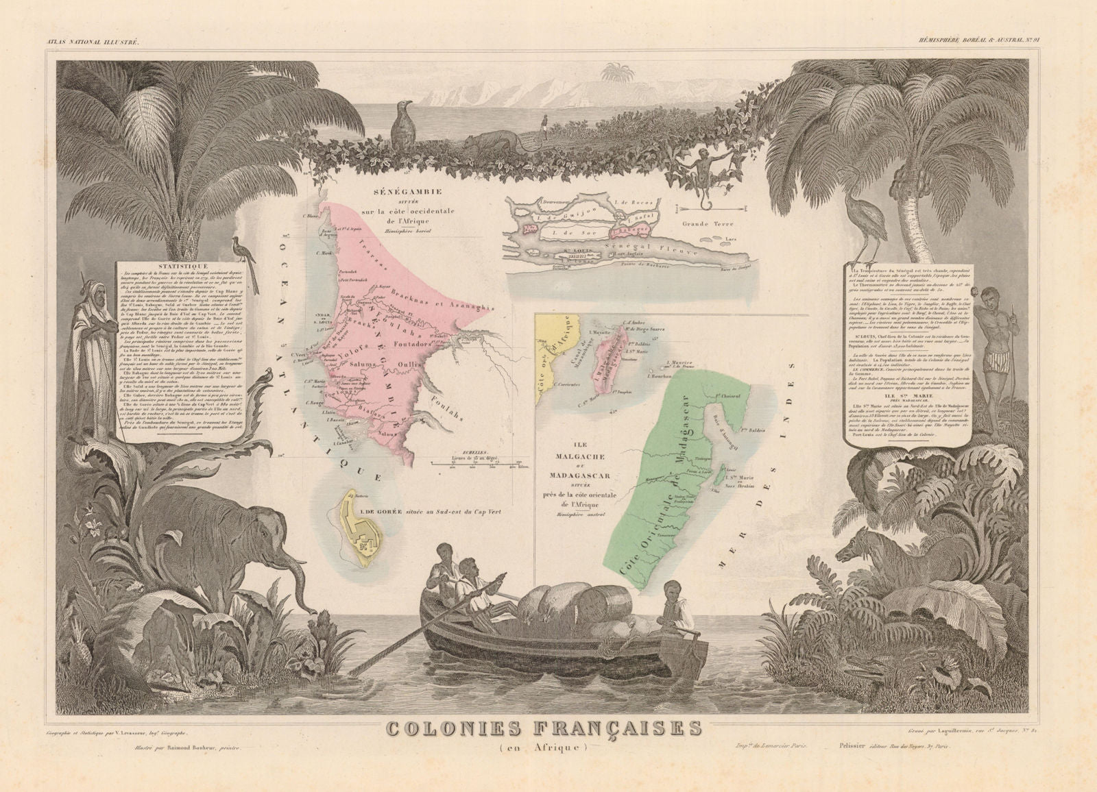 COLONIES FRANÇAISES en AFRIQUE. Africa Sénégal Madagascar. LEVASSEUR c1850 map